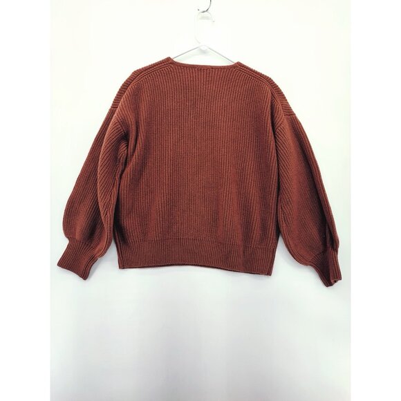 Madewell Women's Thornton Brown Ribbed V-Neck Sweater Ballon Sleeve Size L US - Picture 2 of 9